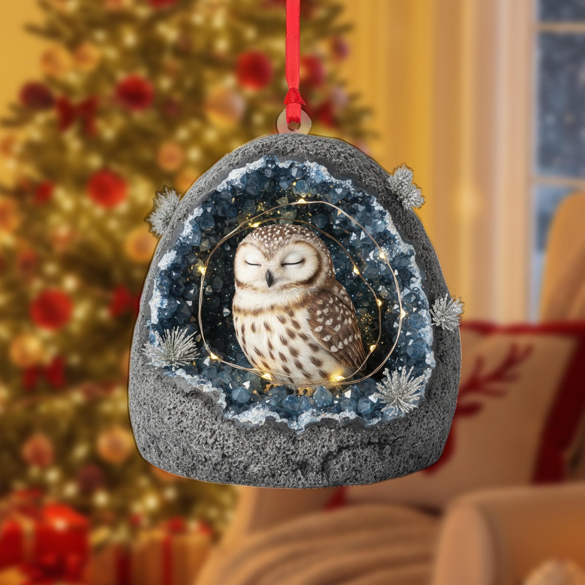 Owl Geode Christmas Ornament: Crystal Rock Holiday Decoration
