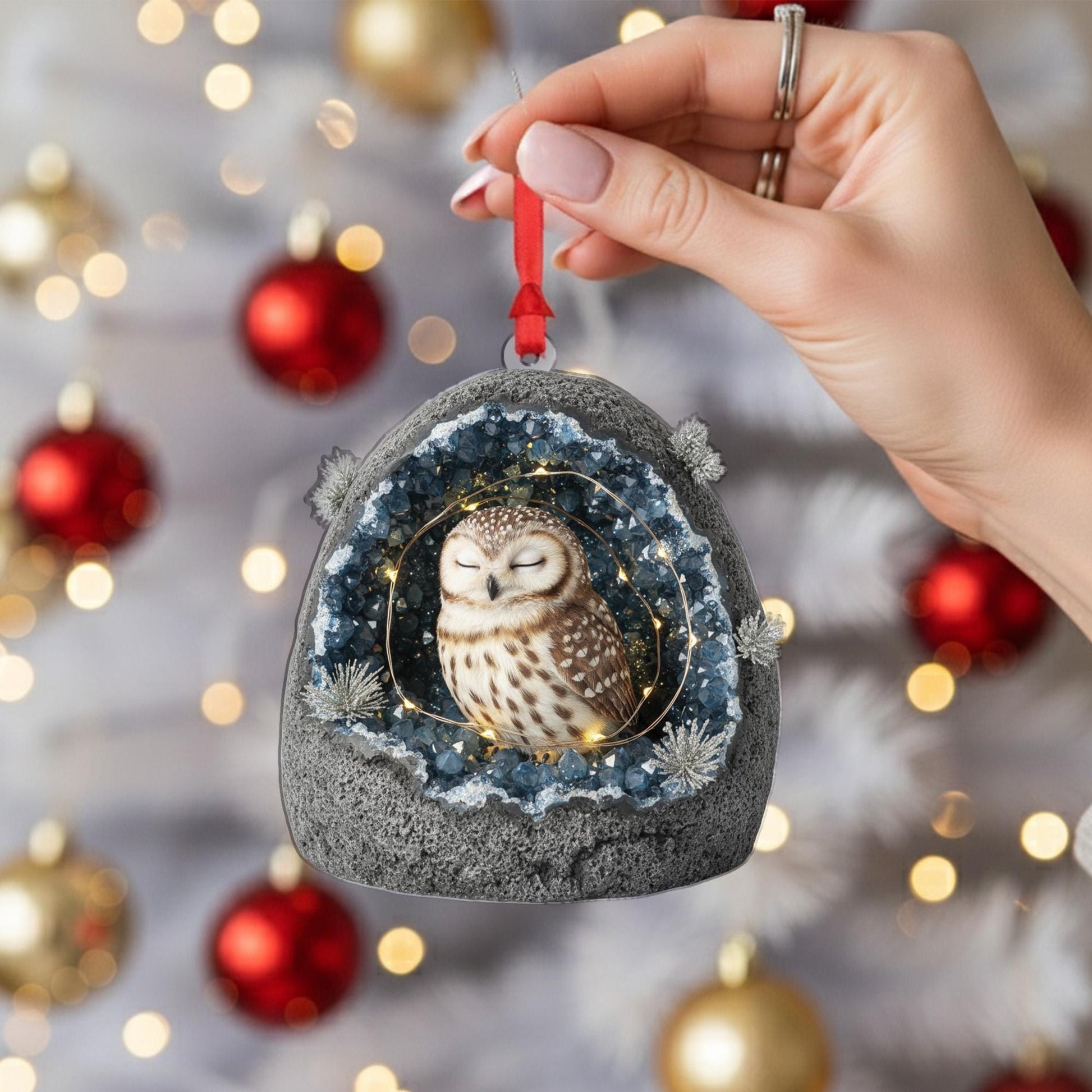 Owl Geode Christmas Ornament: Crystal Rock Holiday Decoration