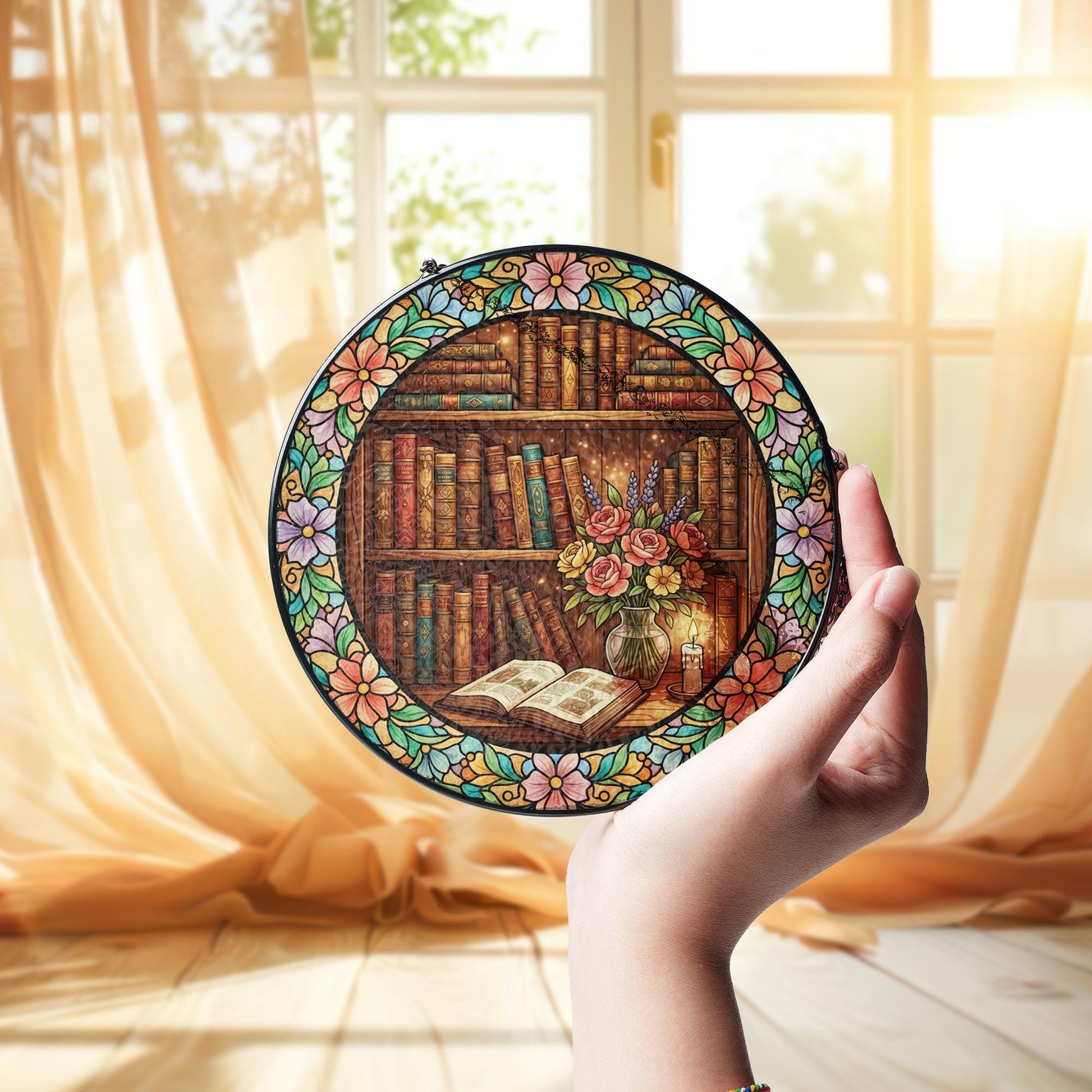 Glass Suncatcher – Bookshelf Floral Design Home Window Decor