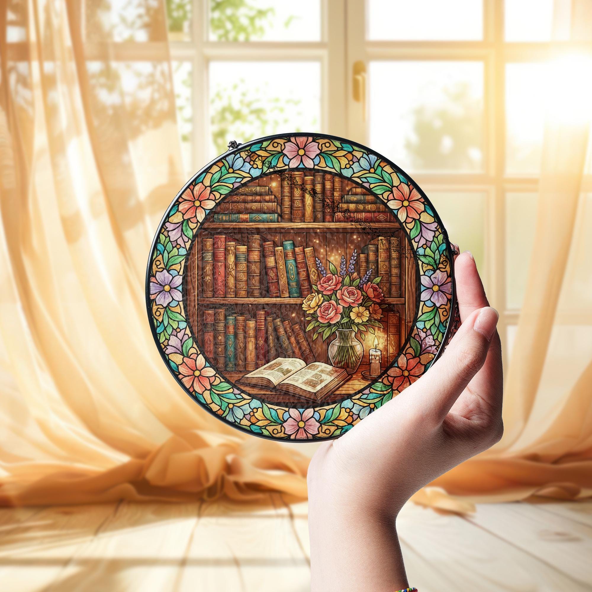 Glass Suncatcher – Bookshelf Floral Design Home Window Decor