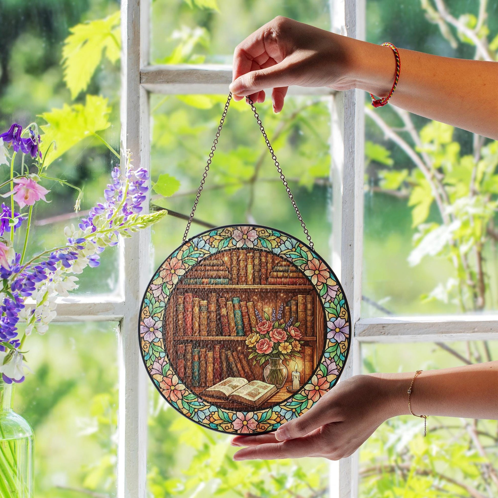 Glass Suncatcher – Bookshelf Floral Design Home Window Decor