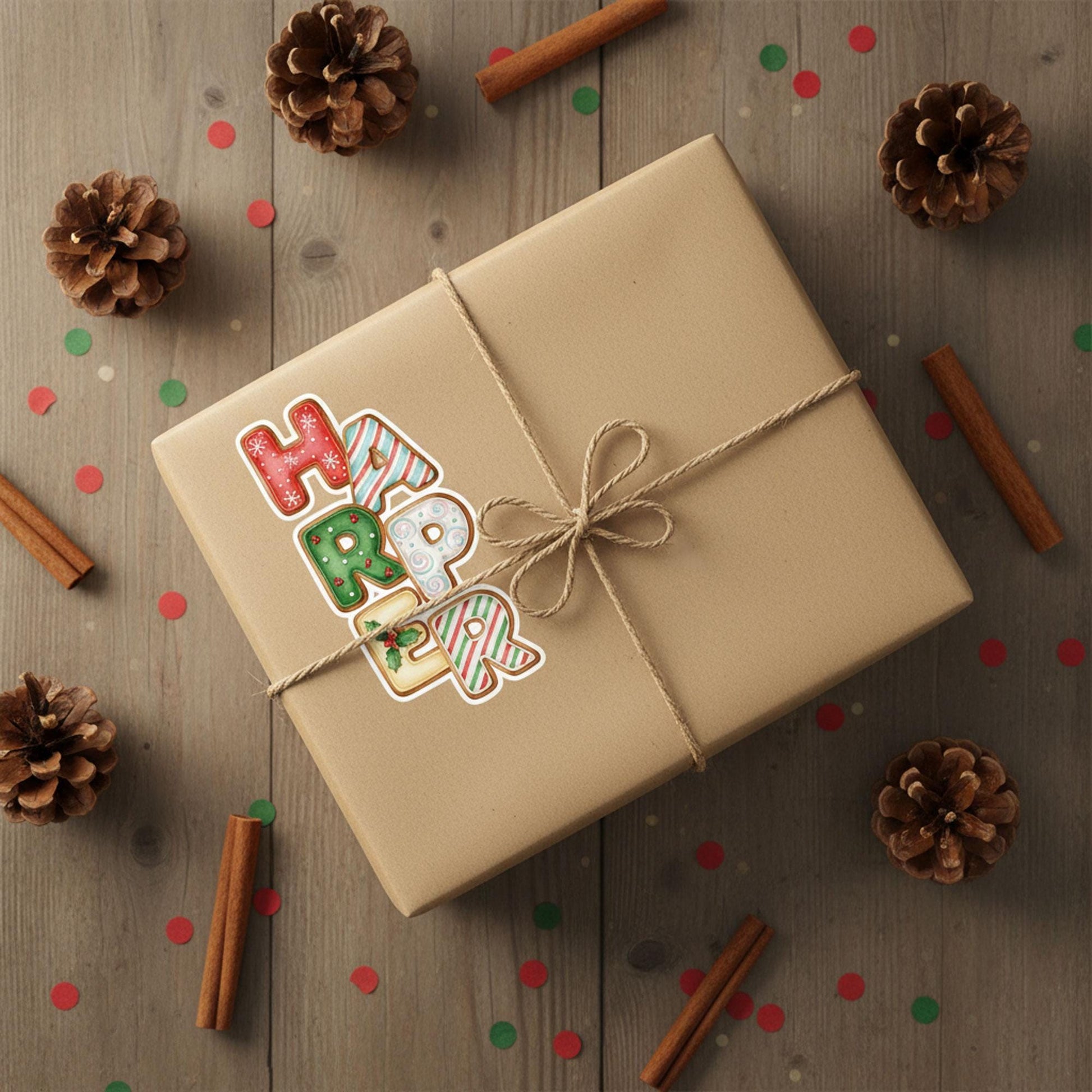 Custom Gingerbread Alphabet Sticker: Kids Name Gift Box Labels, Christmas Tag Letters, Personalized Packaging