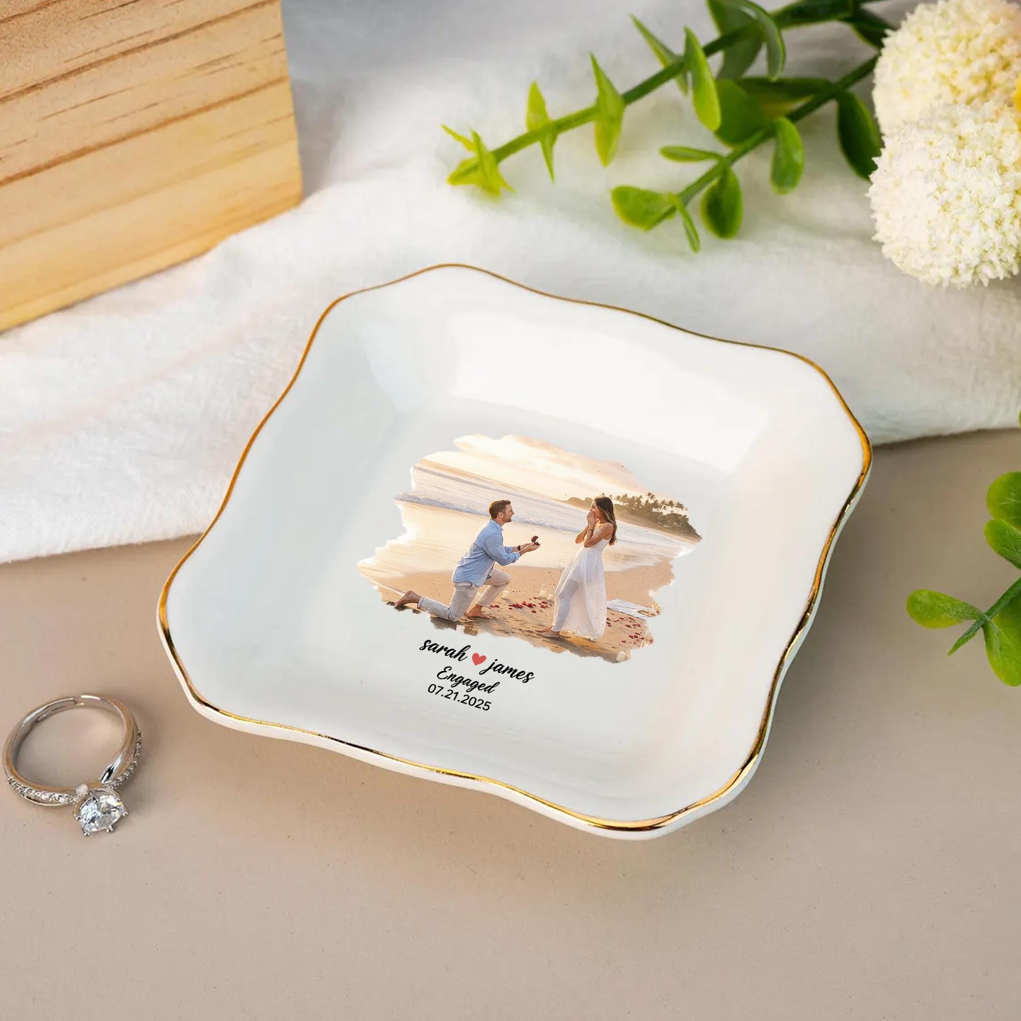 Custom Photo Jewelry Tray – Personalized Ceramic Ring Dish for Engagement or Gift