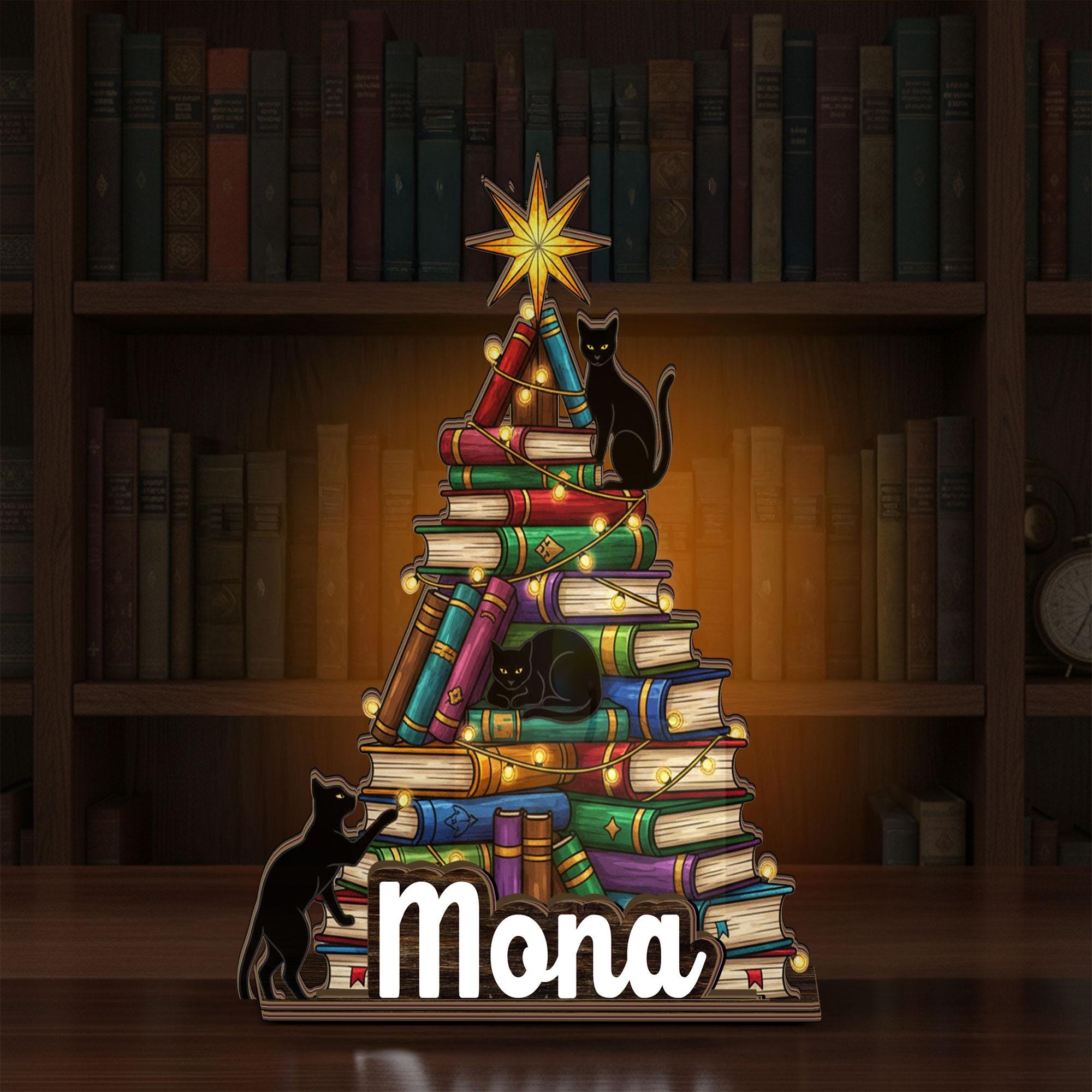 Custom suncatcher Candle Holder:  book tree with black cats and name display