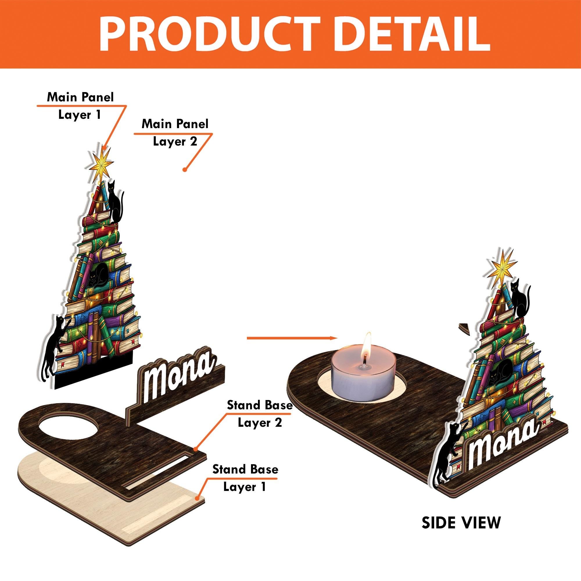 Custom suncatcher Candle Holder:  book tree with black cats and name display