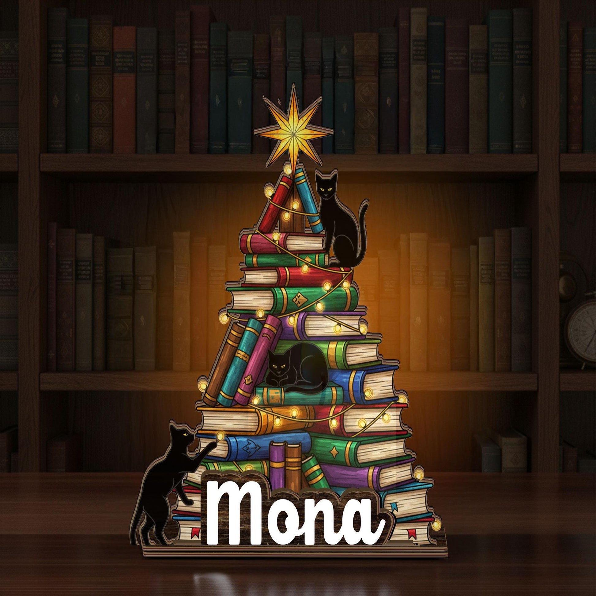 Custom suncatcher Candle Holder:  book tree with black cats and name display