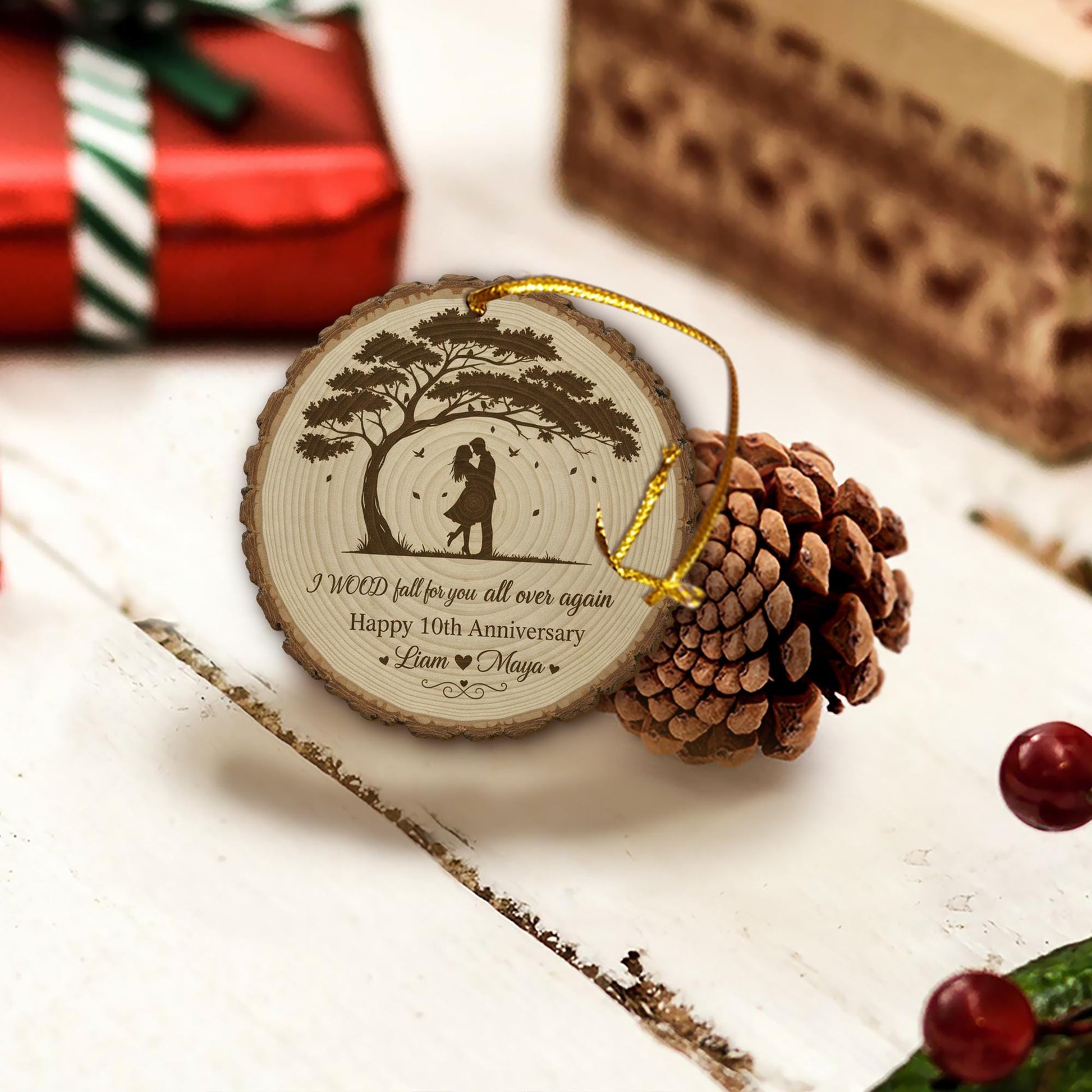 Custom Engraved Tree & Couple Ornament – Personalized Wood Ornament