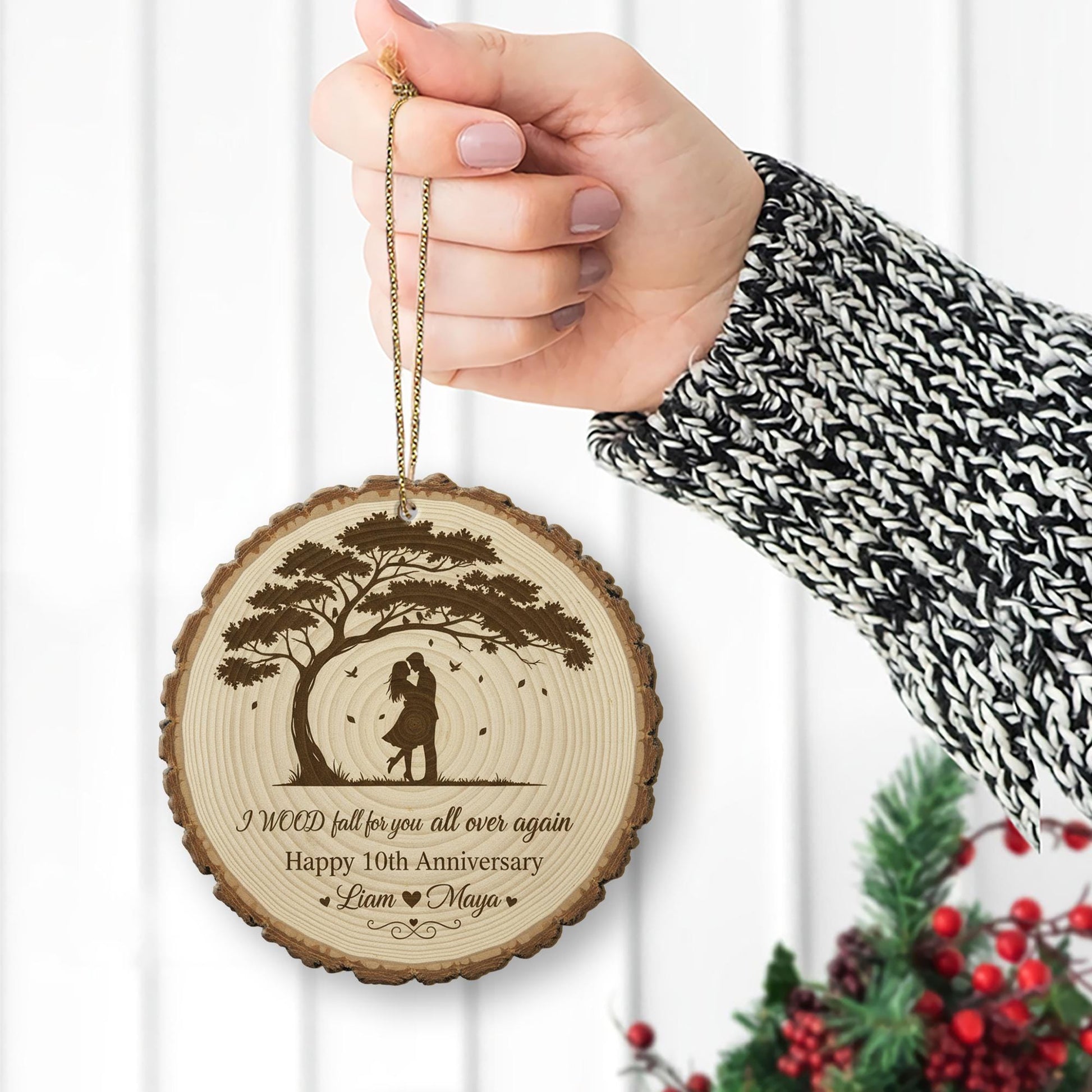 Custom Engraved Tree & Couple Ornament – Personalized Wood Ornament