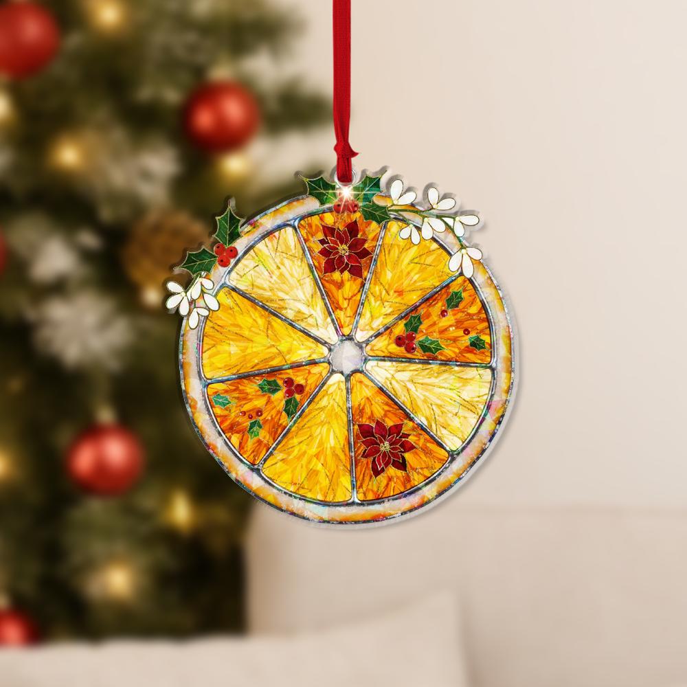 Orange Slice Holographic Ornament – Holiday Tree Decoration with Poinsettia and Holly Accents