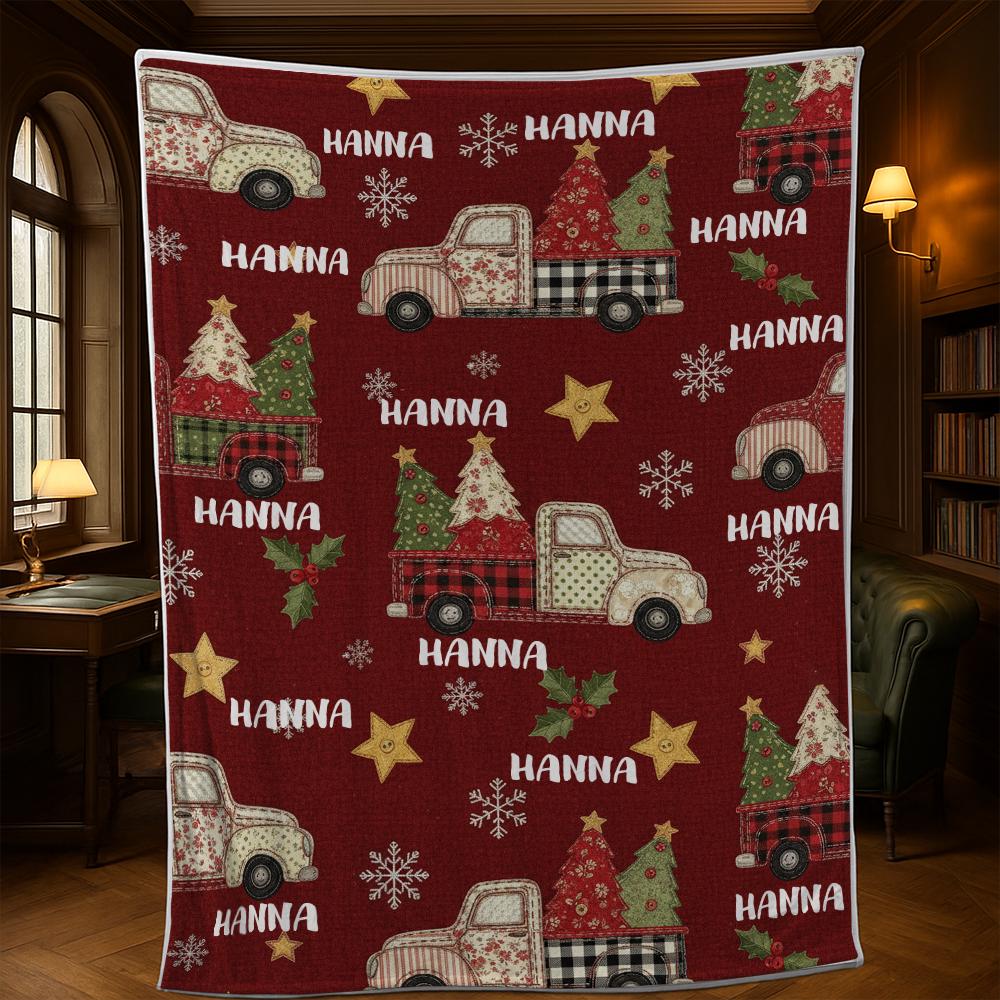 Custom Name Christmas Blanket, Personalized Fleece Throw with Vintage Truck and Trees