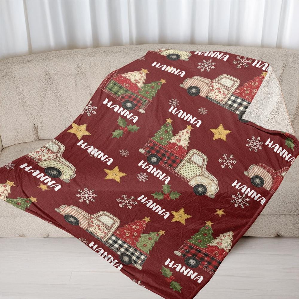 Custom Name Christmas Blanket, Personalized Fleece Throw with Vintage Truck and Trees