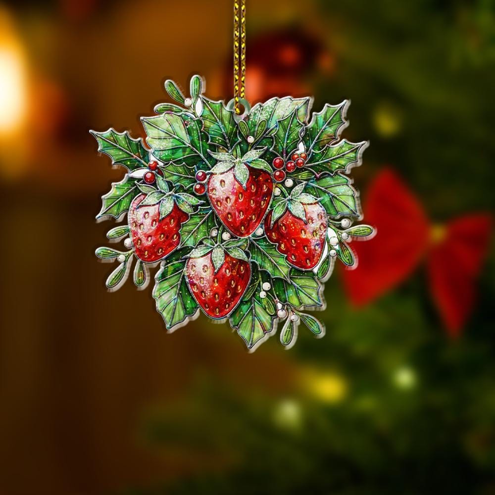 Strawberry Ornament – Holiday Tree Decoration with Holly Leaves and Red Berries
