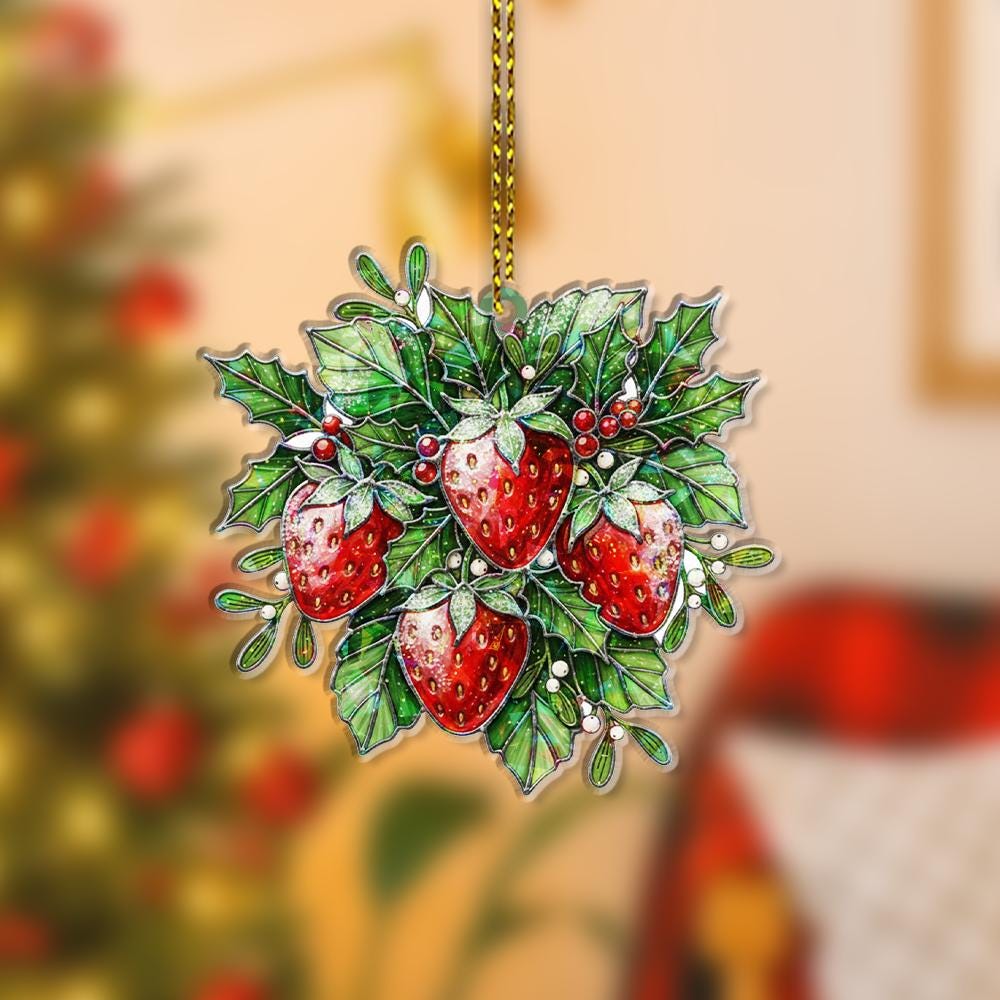 Strawberry Ornament – Holiday Tree Decoration with Holly Leaves and Red Berries