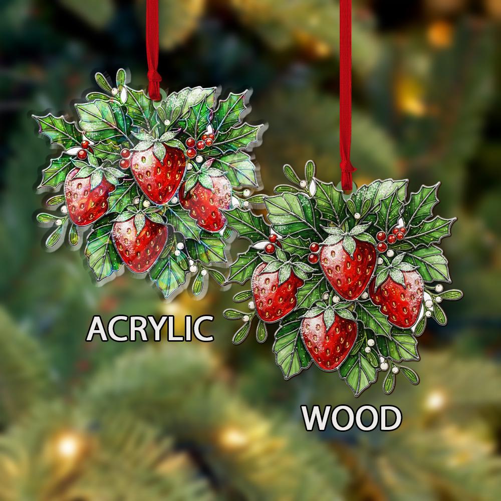 Strawberry Ornament – Holiday Tree Decoration with Holly Leaves and Red Berries