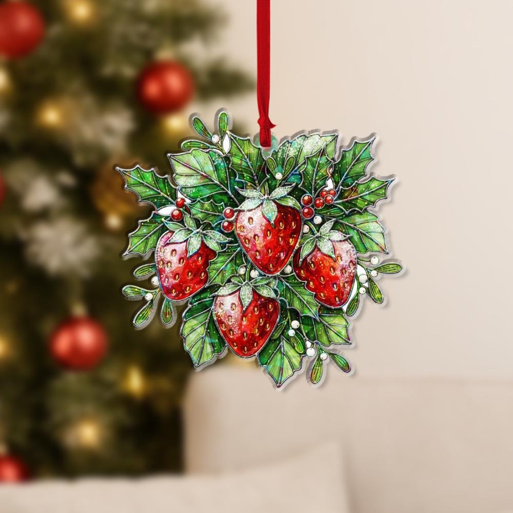 Strawberry Ornament – Holiday Tree Decoration with Holly Leaves and Red Berries