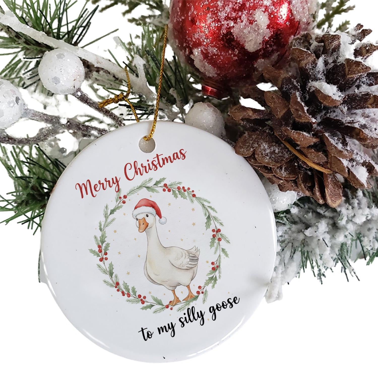 Ceramic Christmas Ornament – Goose with Santa Hat Holiday Tree Decoration