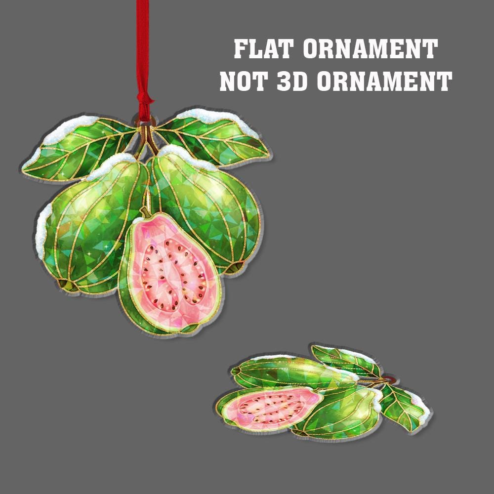 Guava Holographic Ornament – Holiday Tree Decoration with Green Leaves and Pink Fruit Design