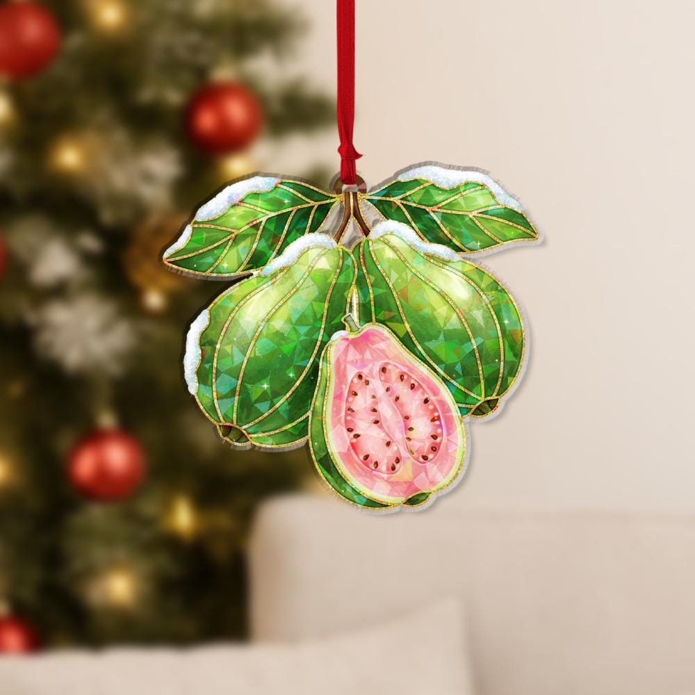 Guava Holographic Ornament – Holiday Tree Decoration with Green Leaves and Pink Fruit Design
