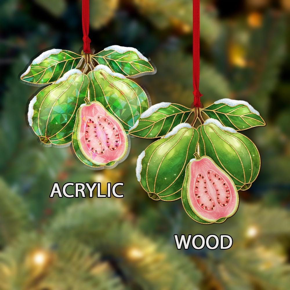 Guava Holographic Ornament – Holiday Tree Decoration with Green Leaves and Pink Fruit Design