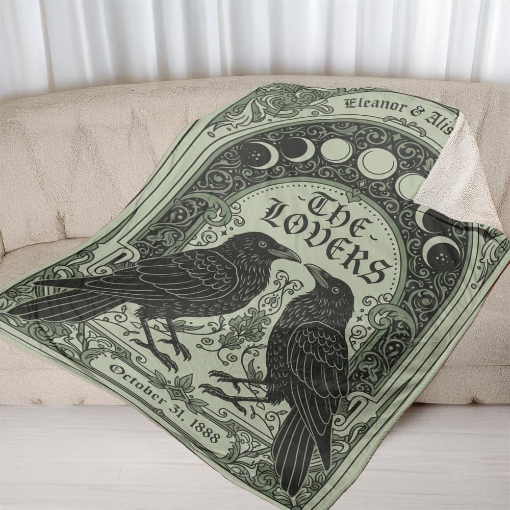 Custom Fleece Blanket with Ravens and Moon Phases, Gothic Tarot Lovers Tapestry Throw