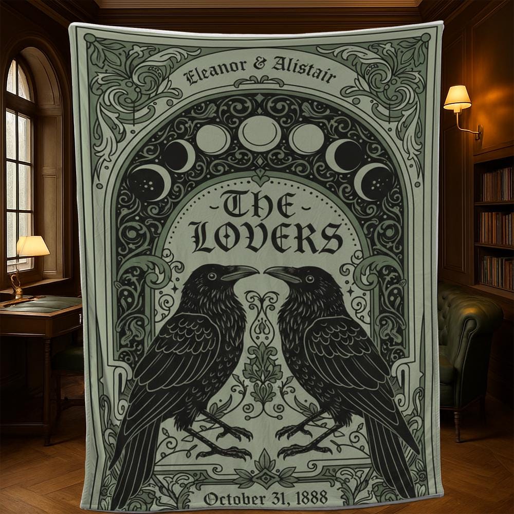Custom Fleece Blanket with Ravens and Moon Phases, Gothic Tarot Lovers Tapestry Throw