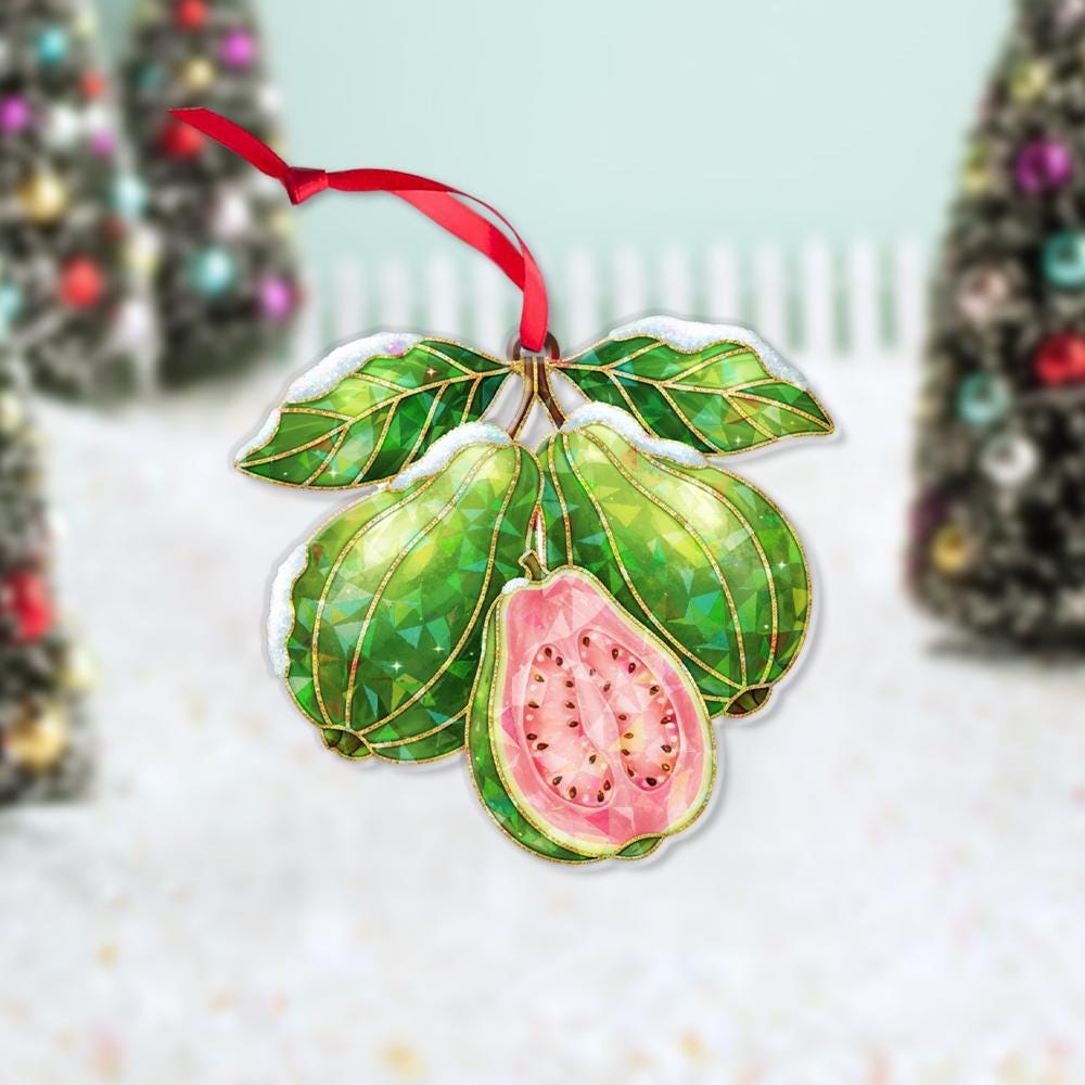Guava Holographic Ornament – Holiday Tree Decoration with Green Leaves and Pink Fruit Design