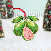 Guava Holographic Ornament – Holiday Tree Decoration with Green Leaves and Pink Fruit Design