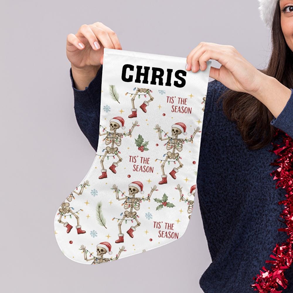 Personalized Skeleton Christmas Stocking, Custom Name Holiday Fireplace Decor