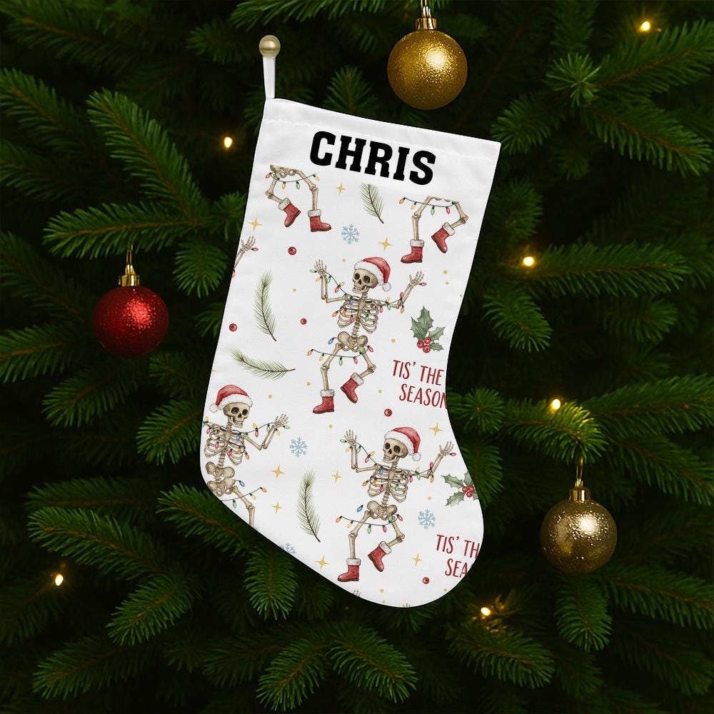 Personalized Skeleton Christmas Stocking, Custom Name Holiday Fireplace Decor