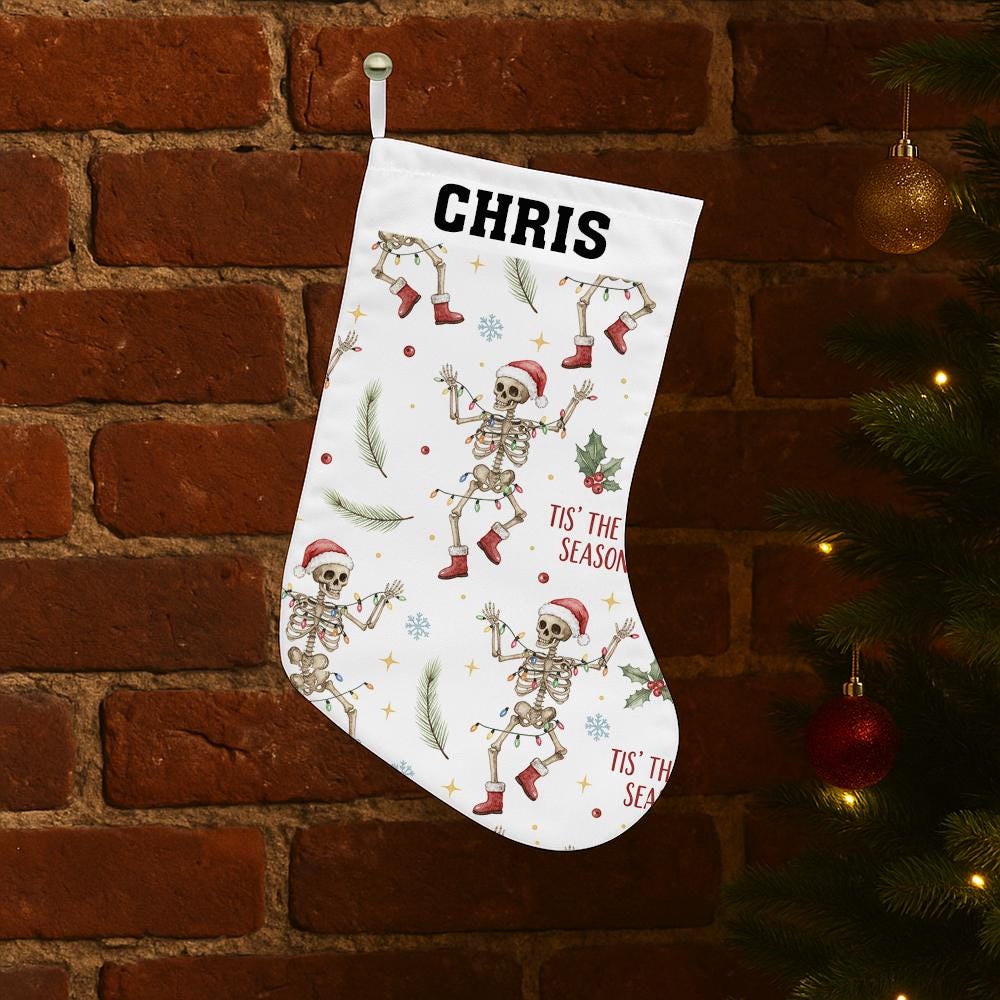 Personalized Skeleton Christmas Stocking, Custom Name Holiday Fireplace Decor