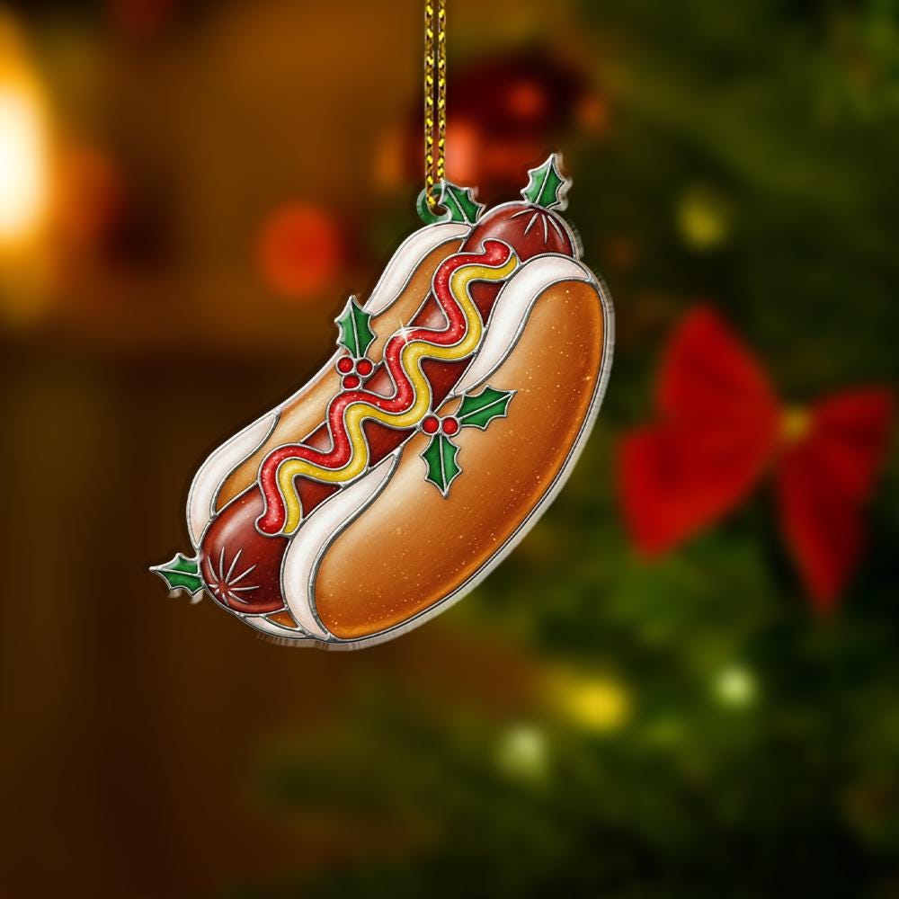 Hot Dog Ornament – Holiday Tree Decoration with Mustard Ketchup and Holly Design