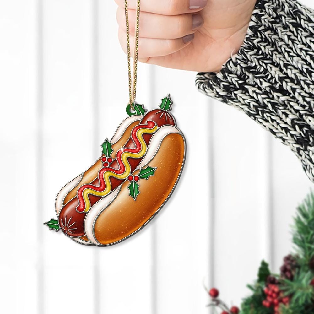 Hot Dog Ornament – Holiday Tree Decoration with Mustard Ketchup and Holly Design