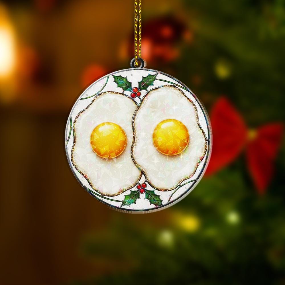 Fried Eggs Hologram Ornament – Holiday Tree Decoration with Breakfast Food Design and Holly Accent