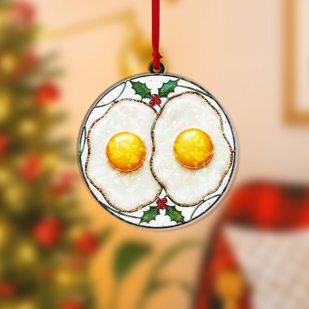 Fried Eggs Hologram Ornament – Holiday Tree Decoration with Breakfast Food Design and Holly Accent