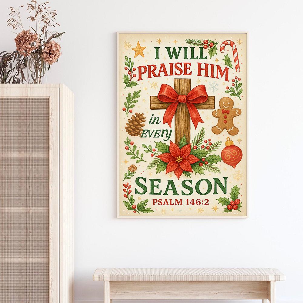 Christian Wall Art Poster – Scripture Print with Cross Bible Verse and Seasonal Holiday Design