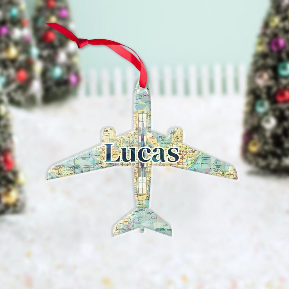 Personalized Airplane Ornament with VFR Sectional Chart Map, Custom Name Christmas Decoration