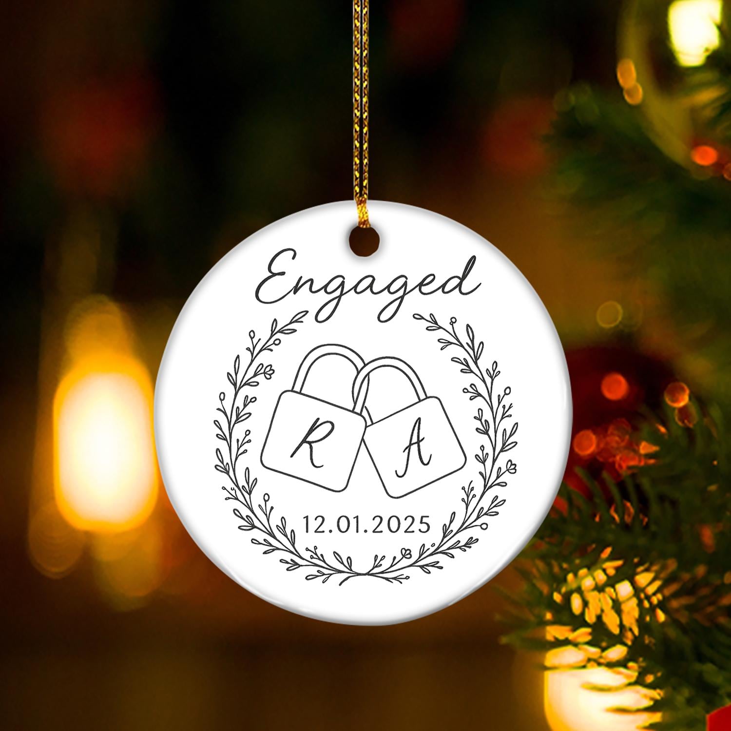 Engagement Ornament – Personalized Ceramic Ornament with Initials and Date – Couples Keepsake