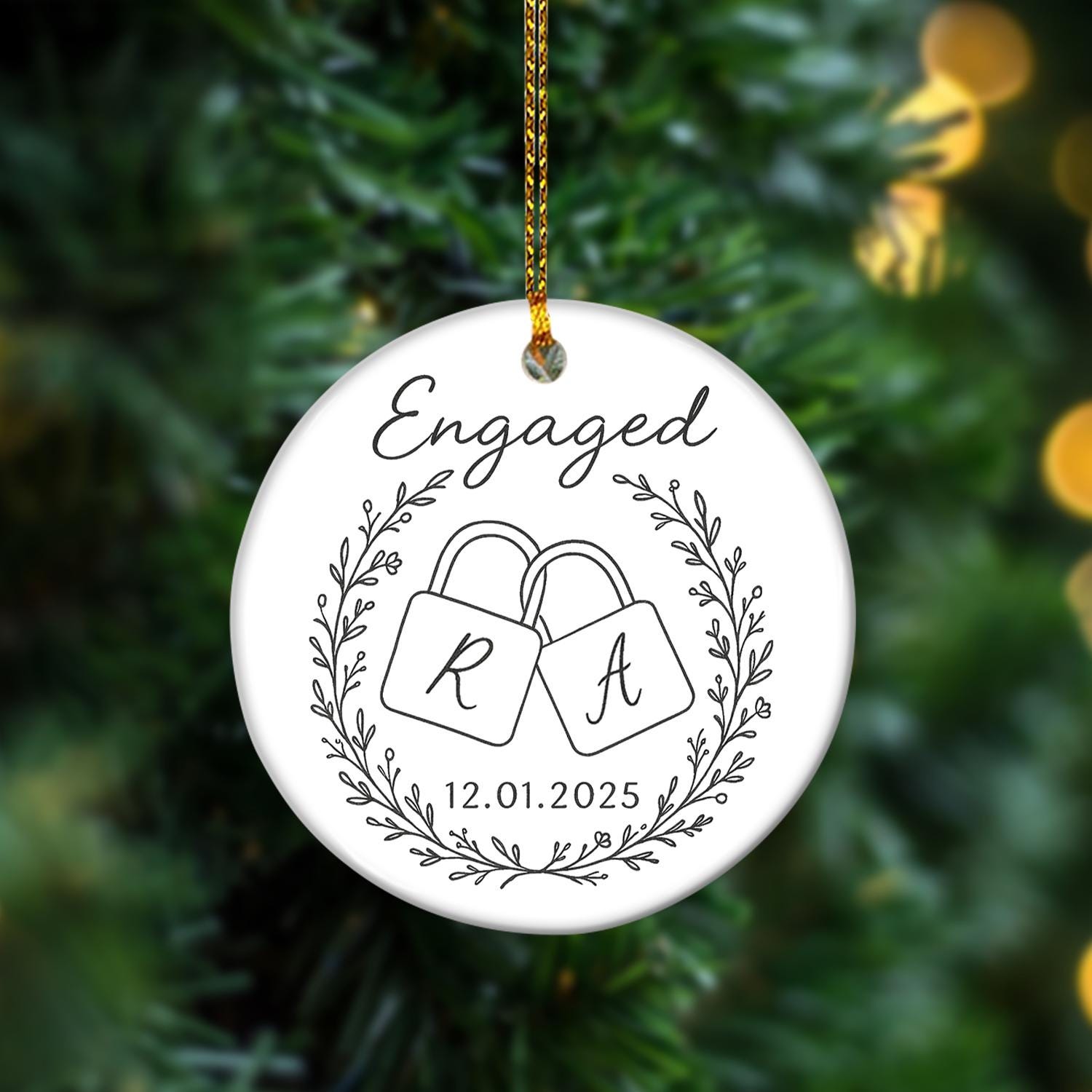 Engagement Ornament – Personalized Ceramic Ornament with Initials and Date – Couples Keepsake