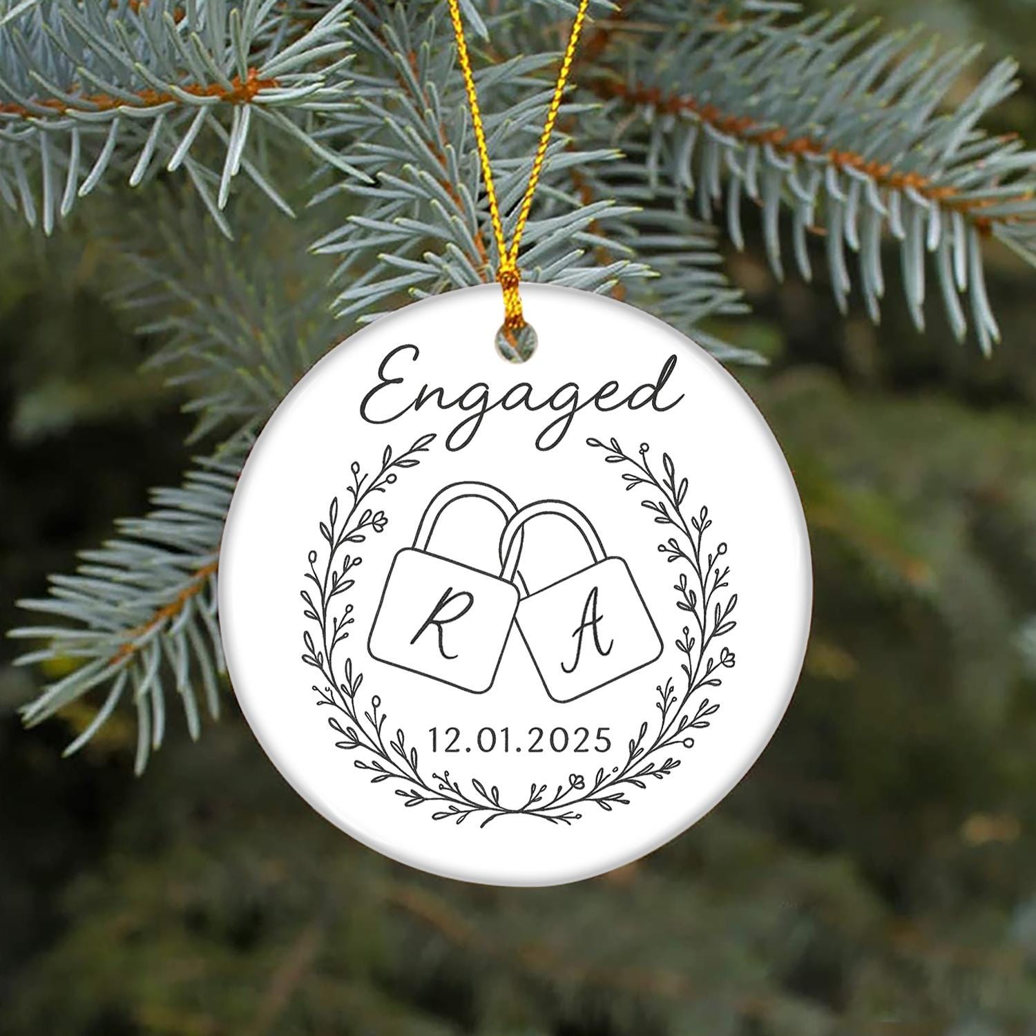 Engagement Ornament – Personalized Ceramic Ornament with Initials and Date – Couples Keepsake