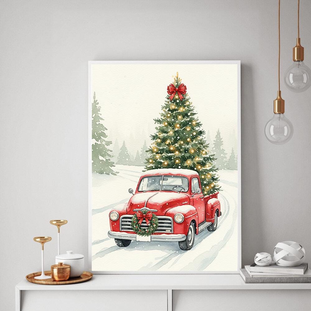 Red Truck Christmas Tree Poster: Vintage Holiday Wall Art