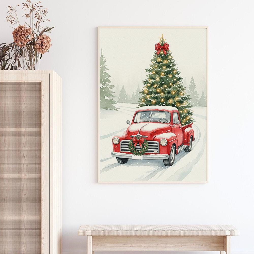 Red Truck Christmas Tree Poster: Vintage Holiday Wall Art
