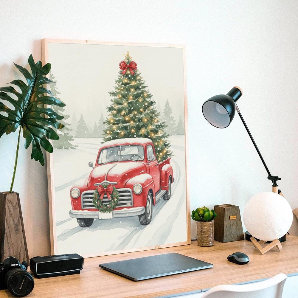 Red Truck Christmas Tree Poster: Vintage Holiday Wall Art