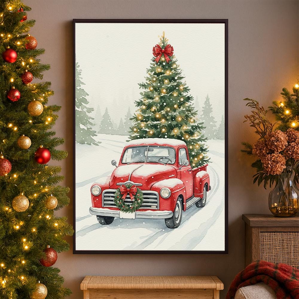 Red Truck Christmas Tree Poster: Vintage Holiday Wall Art