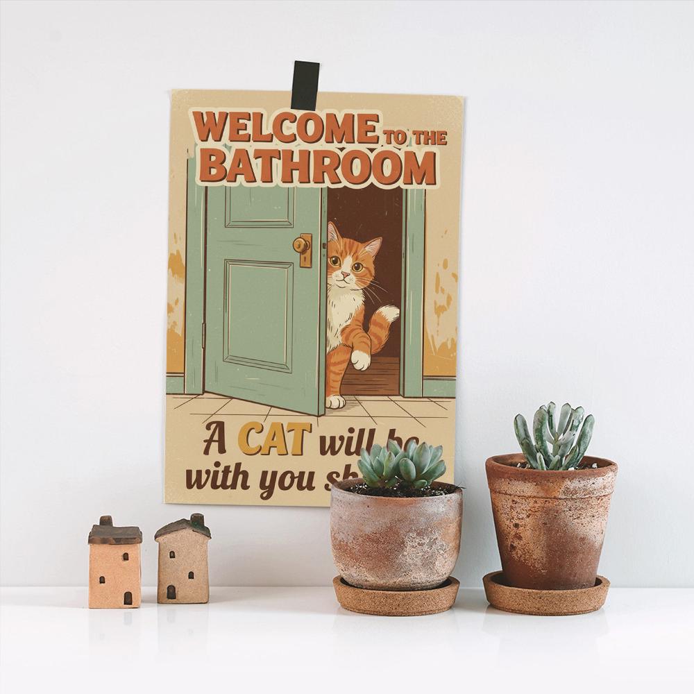 Cat Bathroom Poster – Funny Wall Art Print with Orange Cat and Retro Door Design