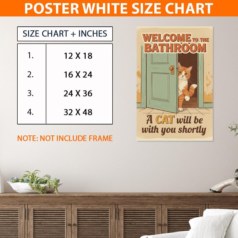 Cat Bathroom Poster – Funny Wall Art Print with Orange Cat and Retro Door Design