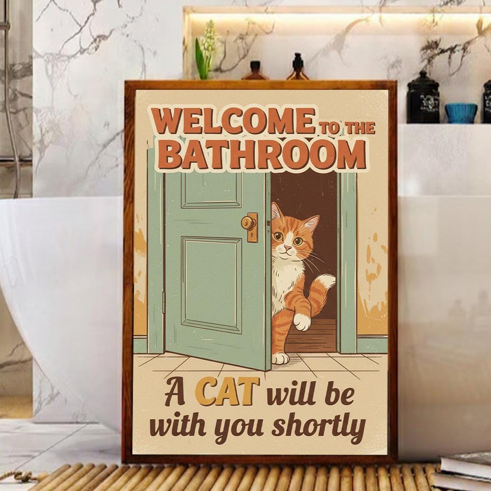 Cat Bathroom Poster – Funny Wall Art Print with Orange Cat and Retro Door Design