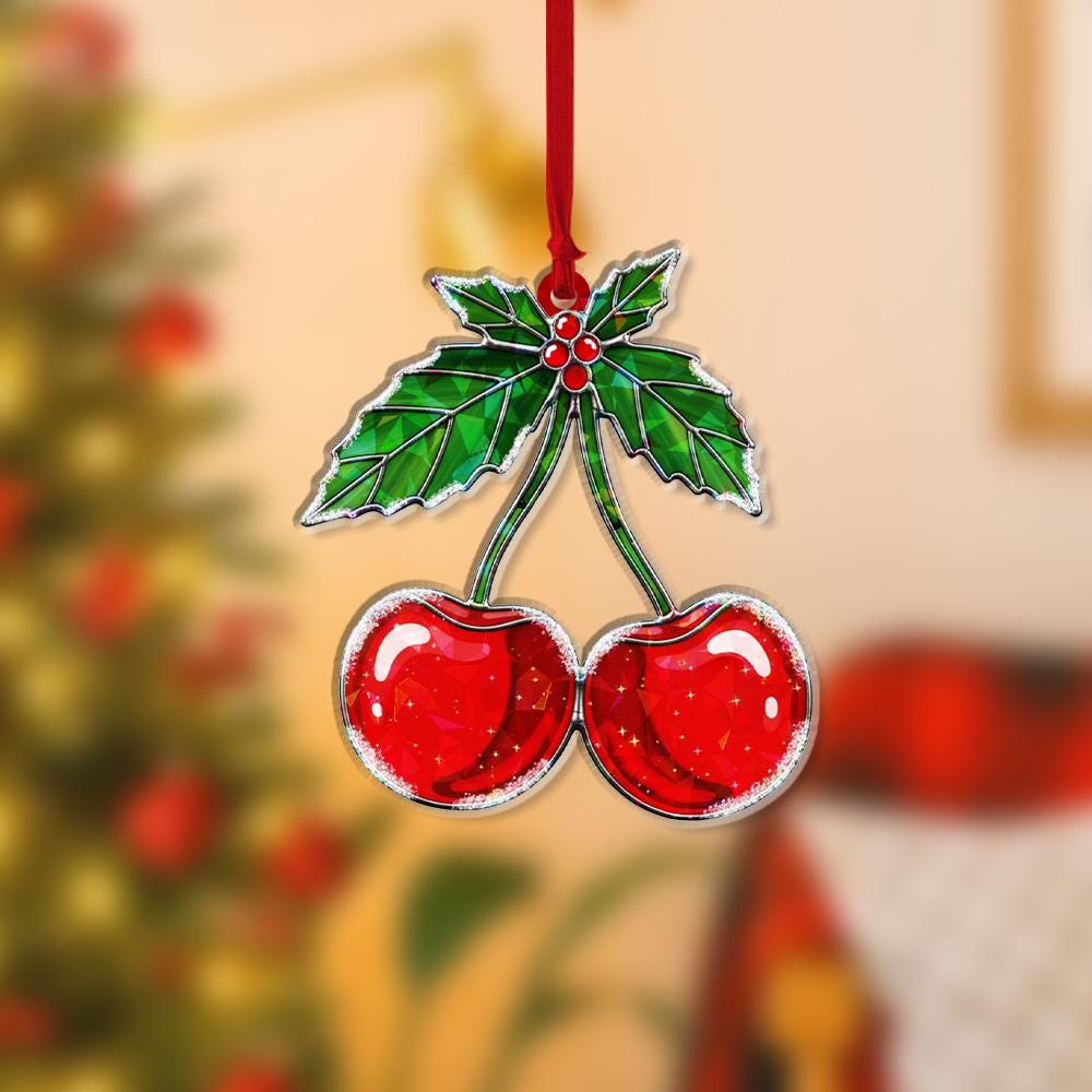 Cherry Ornament – Holiday Tree Decoration with Red Fruit and Holly Leaf Design