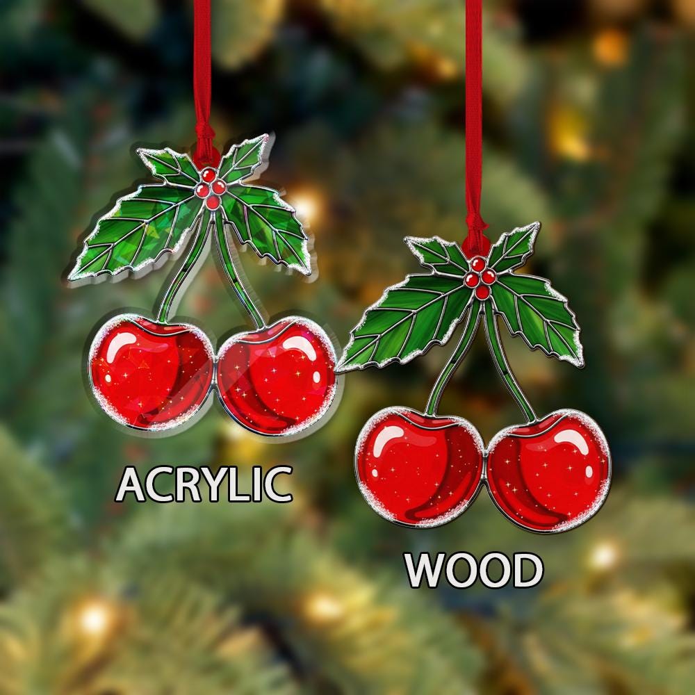 Cherry Ornament – Holiday Tree Decoration with Red Fruit and Holly Leaf Design