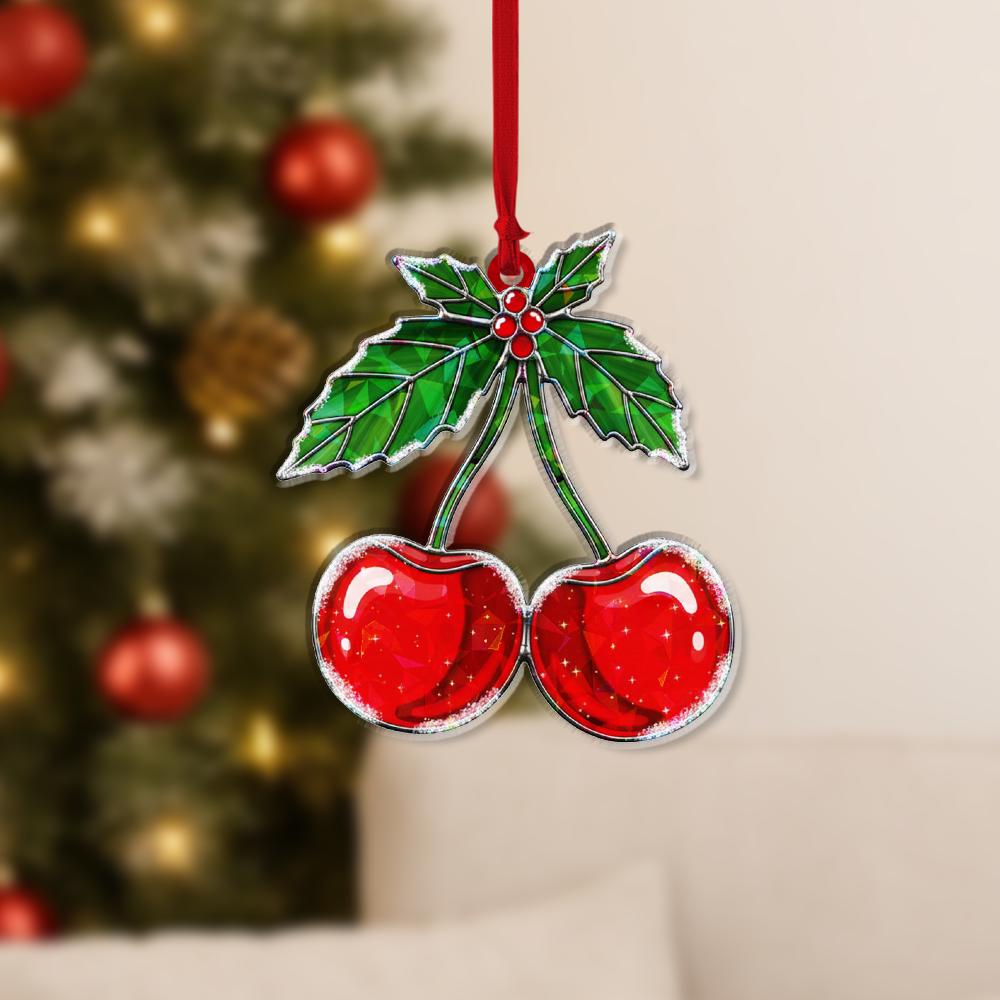 Cherry Ornament – Holiday Tree Decoration with Red Fruit and Holly Leaf Design