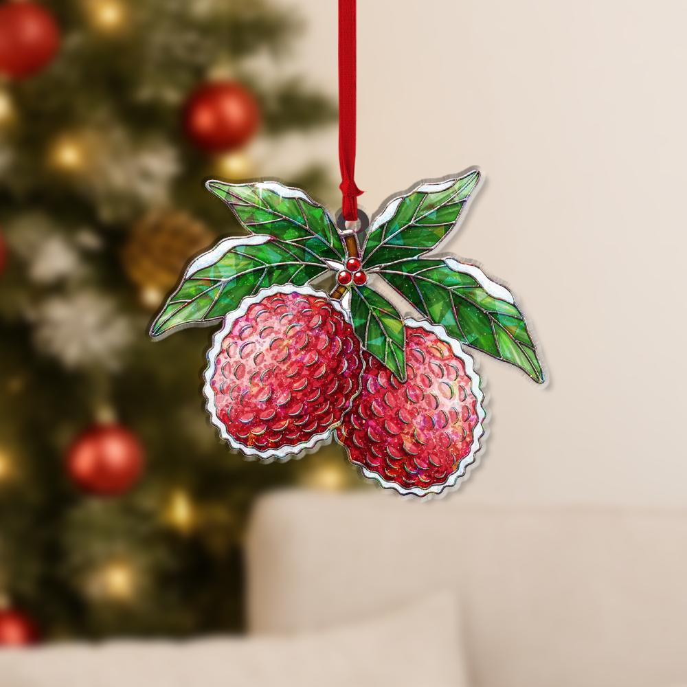 Lychee Hologram Ornament – Holiday Tree Decoration with Red Tropical Fruit and Holly Leaf Design